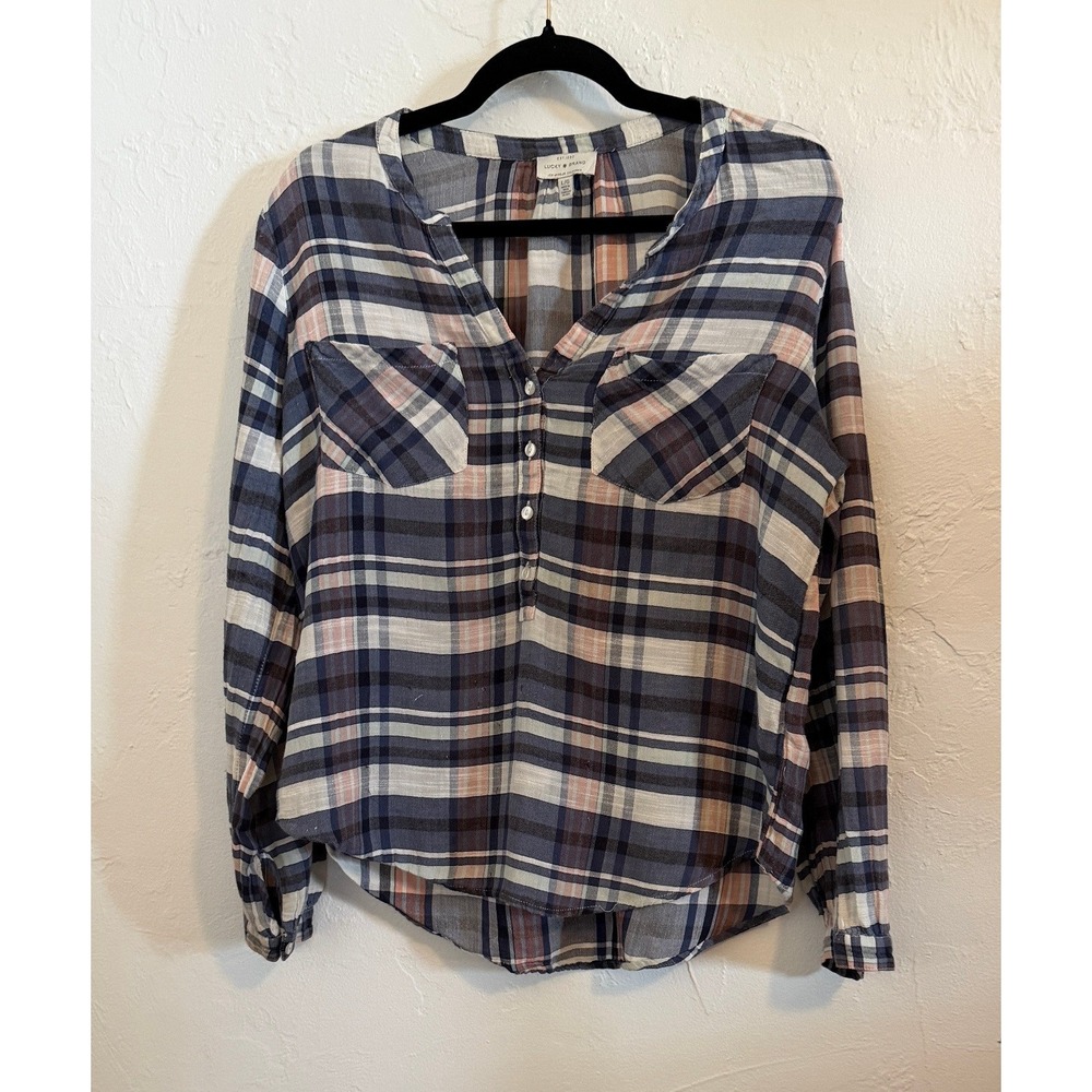 Lucky Brand Plaid Top Large Blue Pink Henley Pocket Hi-Low Blouse LG